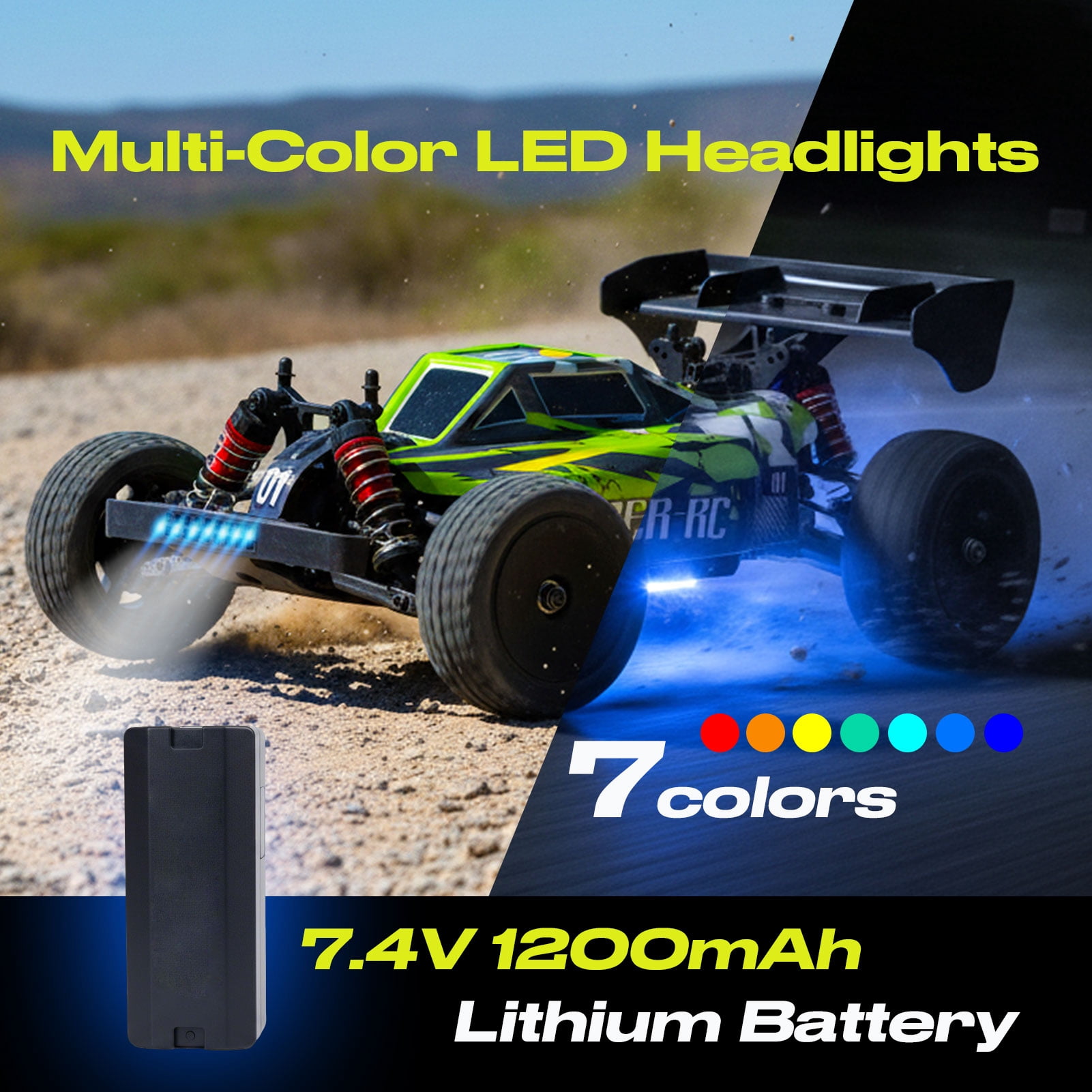 All Terrain 1:14 Scale 4WD Off Road High Speed RC Monster Truck, 35KM/H Fast Racing Car, Dual Batteries, Proportional Steering, LED Lights