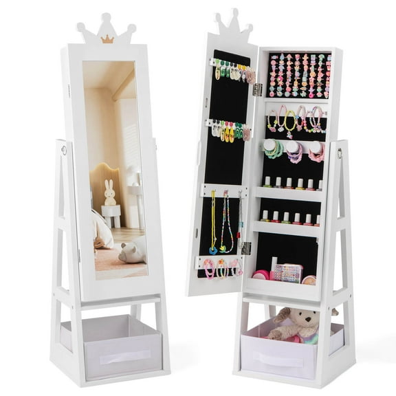 Infans Kids Jewelry Cabinet w/ Full-Length Mirror Foldable Drawer Anti-toppling System