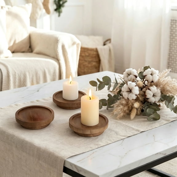 Candle Holder Tray, Round Wood Decorative Candle Plate, Rustic Tealight Pillar Candle Tray for Farmhouse, Kitchen, Coffee Table Decor