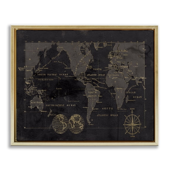 Stupell Industries Traditional Black Detailed World Map Gold Floating Frame Canvas Art, 21 x 17, by Carol Robinson