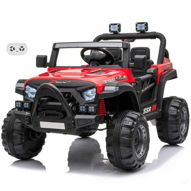 VOLTZ TOYS Jeep with Angry Face Grill 12V Kids Ride On Car Toy with Open Doors, Realistic Lights and Remote Control - Red
