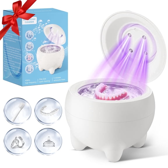 Ultrasonic Retainer Cleaner Machine, 45kHz Ultrasonic Denture Cleaner for Dental Pod, Jewelry , Night Guards, Ring Low Noise, Mini For Gifts (White)
