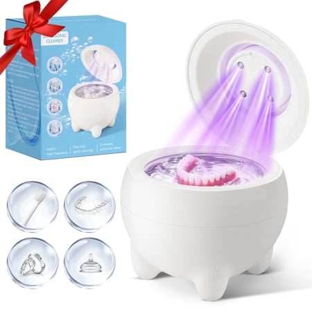 ultrasonic retainer cleaner machine, 45khz ultrasonic denture cleaner for dental pod, jewelry , night guards, ring low noise, mini for gifts (white)