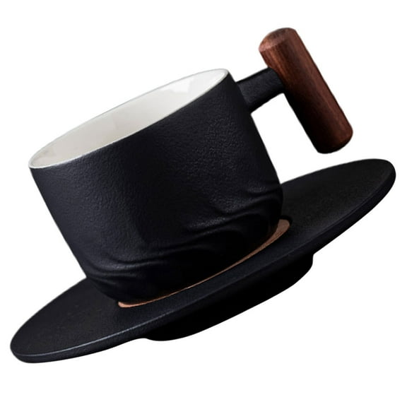 Ceramic Coffee Cup Set with Wooden Handle and Saucer, Black, Ideal for Cappuccino, Tea, Juice, Home and Office Use