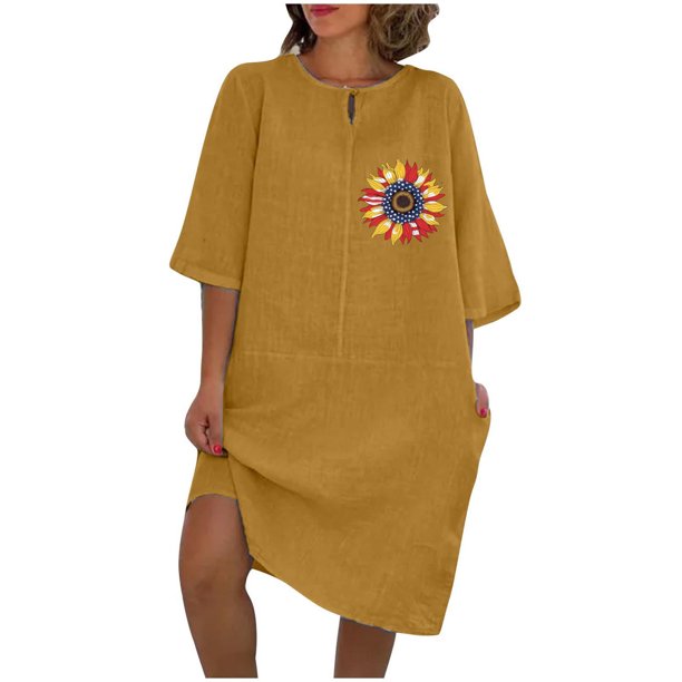 Vestido de Verano para Mujeres Color Sólido Imitación de Lino Cuello Redondo, Manga Corta Estilo Casual para el Uso Diario, Fiesta Y Primavera