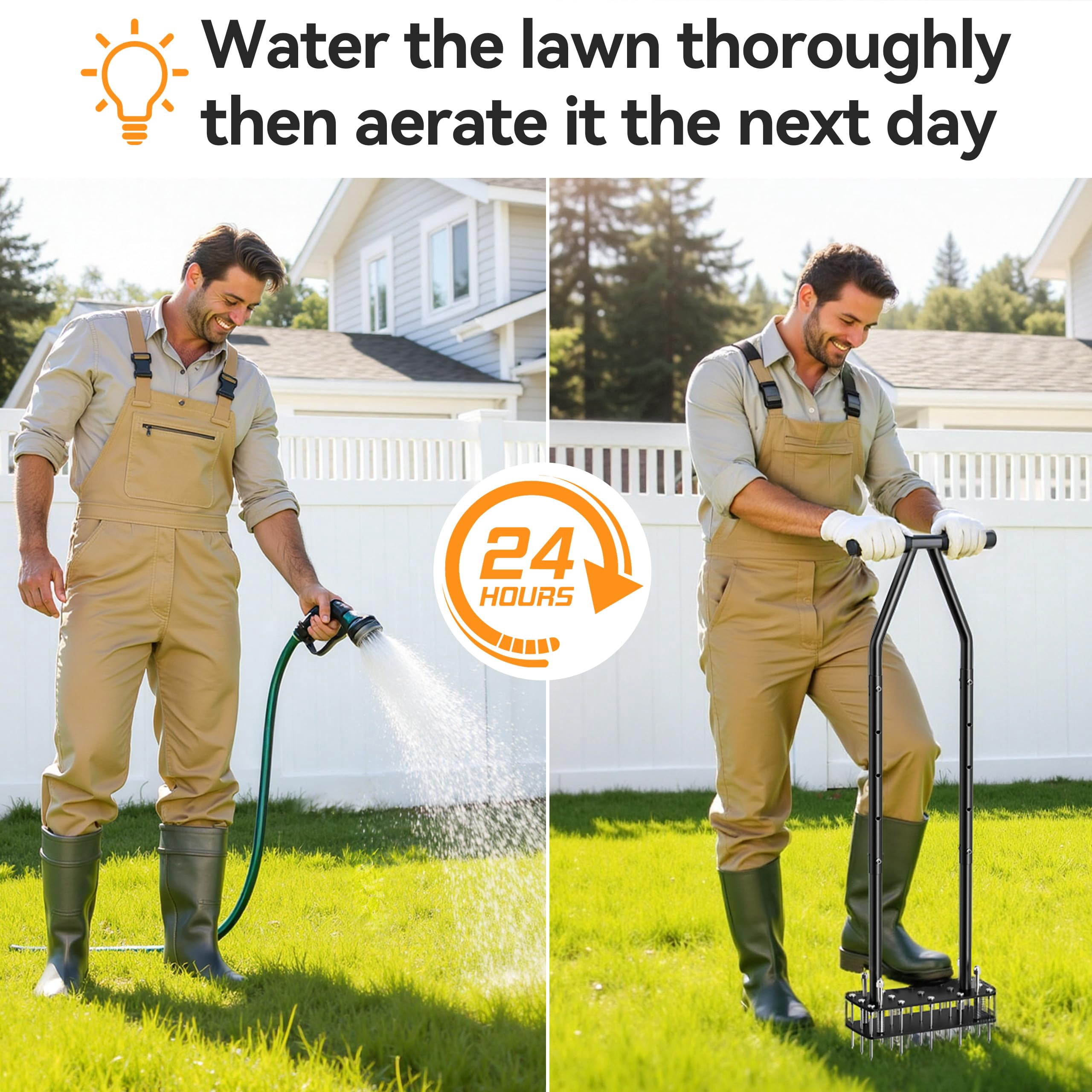 Knee-friendly Manual Lawn Aerator Tool - 15 Heavy-duty Steel Spikes Spring-loaded Auto-clean Design  Pre-assembled For Soil Loosening & Garden/yard Aeration
