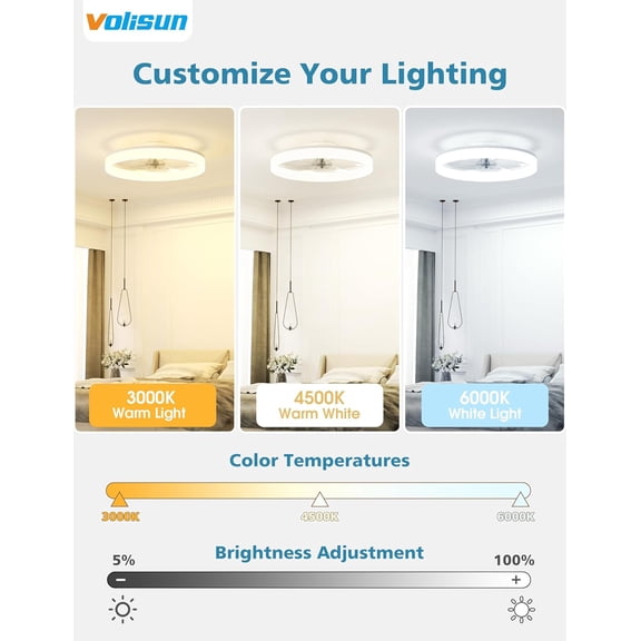 20 Inch Low  Ceiling Fan with Light and Remote, Flush Mount Fandelier for Bedroom Living Room, 3000K-6500K Dimmable LED, Quiet Motor, No Assembly Required