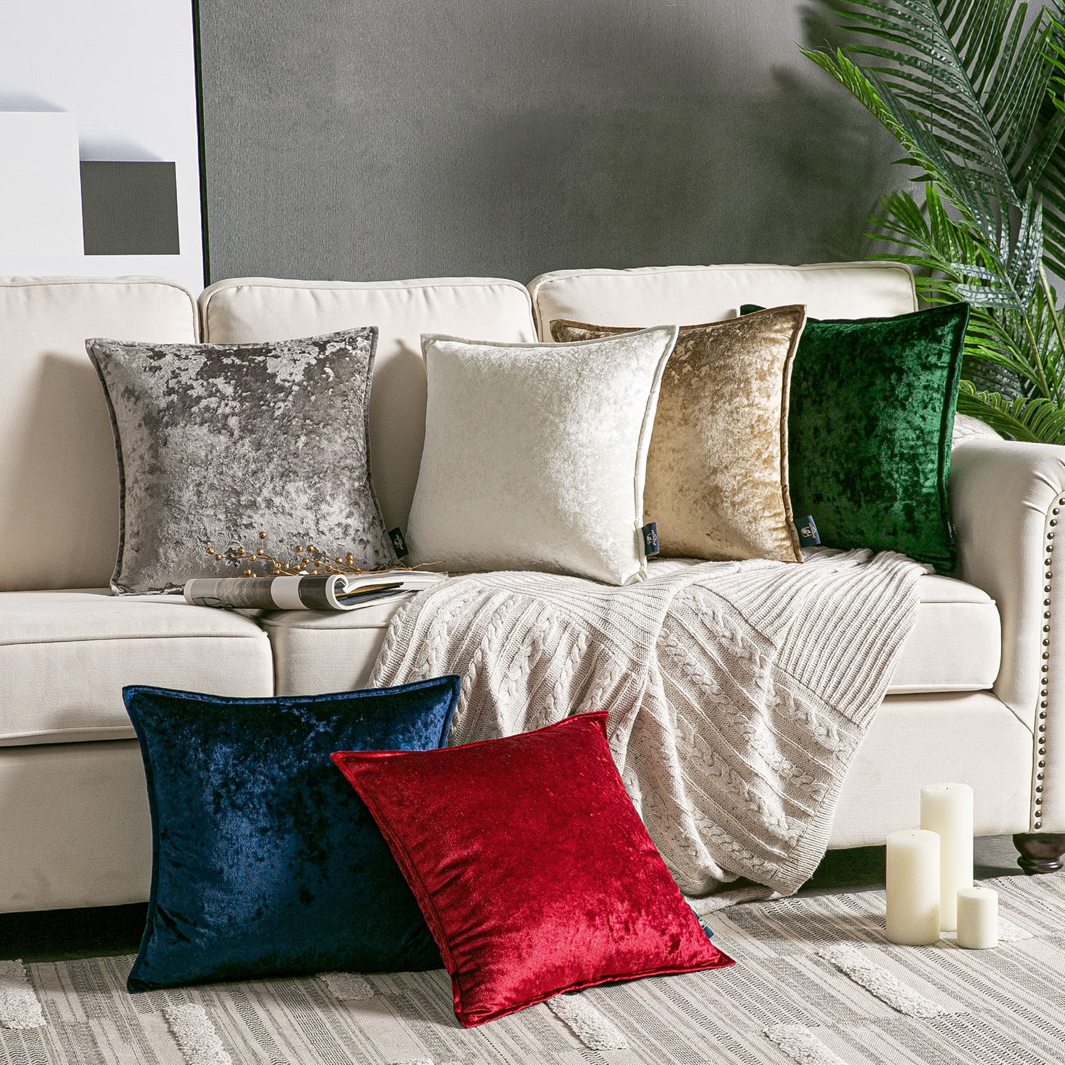 Phantoscope Shiny Crushed Velvet with Trim Series Decorative Throw Pillow, 18" x 18", Light Brown, 2 Pack