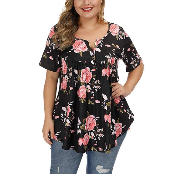 Askfv Women Tunic Tops for Women Short Sleeve Floral Blouses Button up Henley Shirts