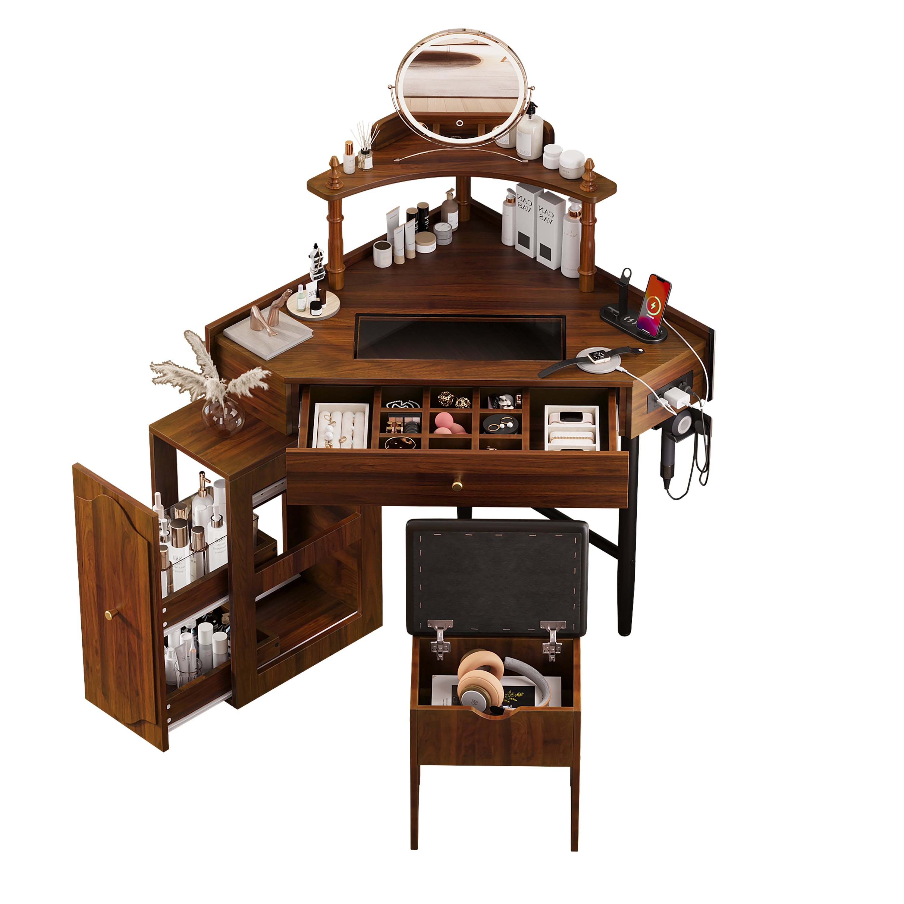 Aukfa Corner Vanity Set with Charging Station, Glass Desk & Removable Organizer Cabinet, Makeup Table with Stool,Walnut