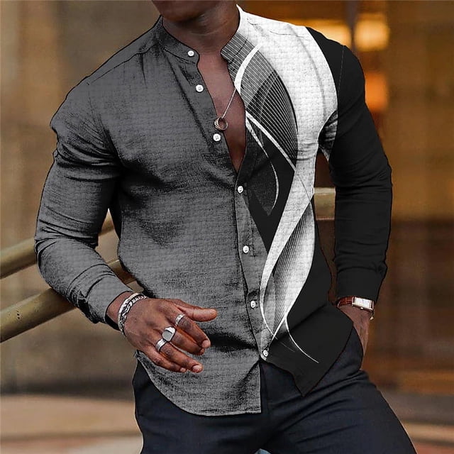 Camisa de hombre con solapa y cuello alto, informal, a la moda, azul, morado, geométrica, para exteriores, fiestas callejeras, tela de alta calidad, novedad de , talla grande