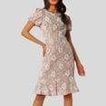 thumbnail image 2 of gcong Jacquard Dress Women Lace Floral Textured Midi Dress Puff Short Sleeve Wedding Guest Bodycon Pencil Dresses Womens Dresses 2025 Pink, 2 of 8
