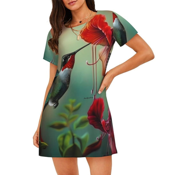 Balery Hummingbird Floral Paradise Camisón de manga corta con cuello redondo para mujer, cómodo y elegante.