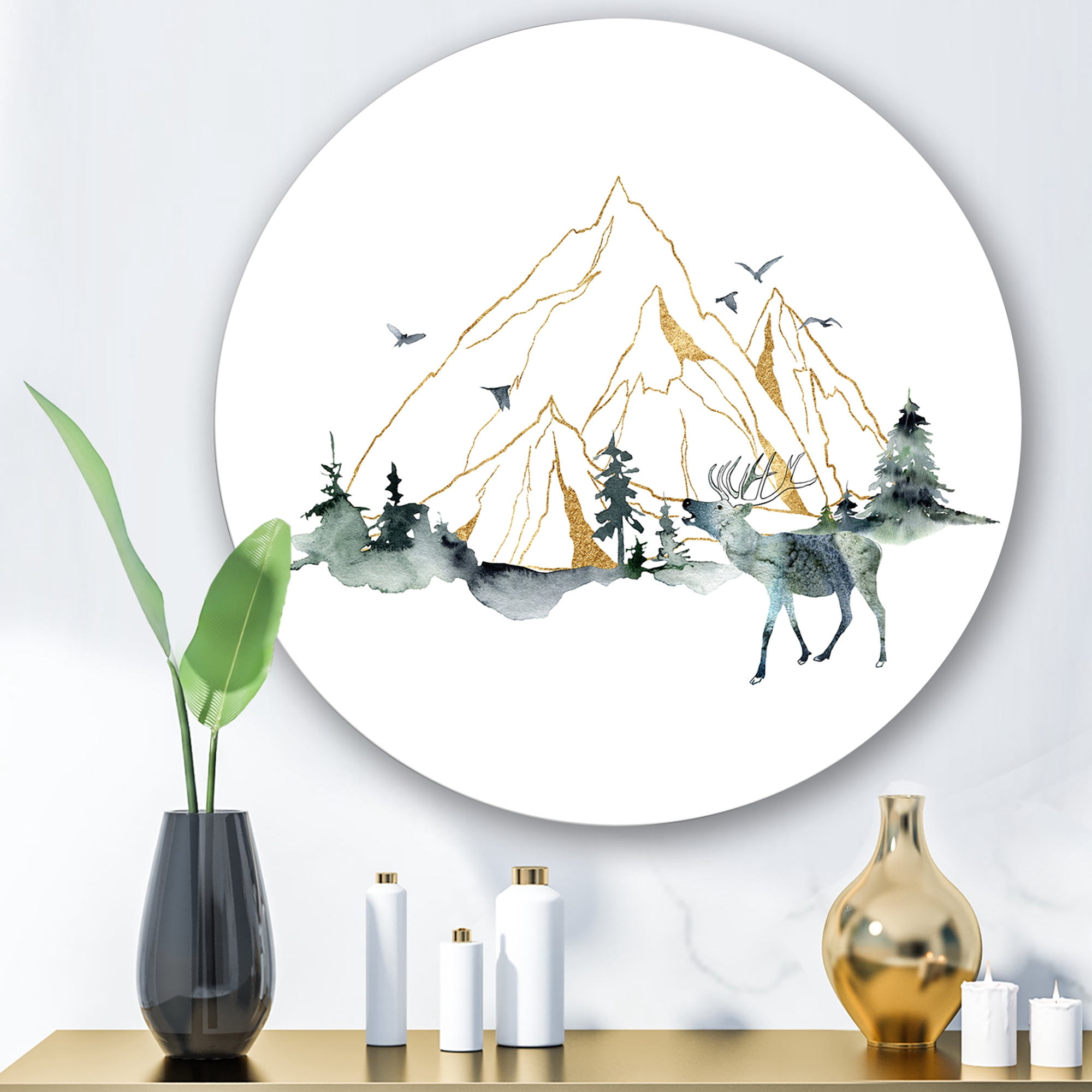 Designart 'Minimalistic Landscape of Forest Deer and Mountains' Modern Circle Metal Wall Art 23x23 - Disc of 23