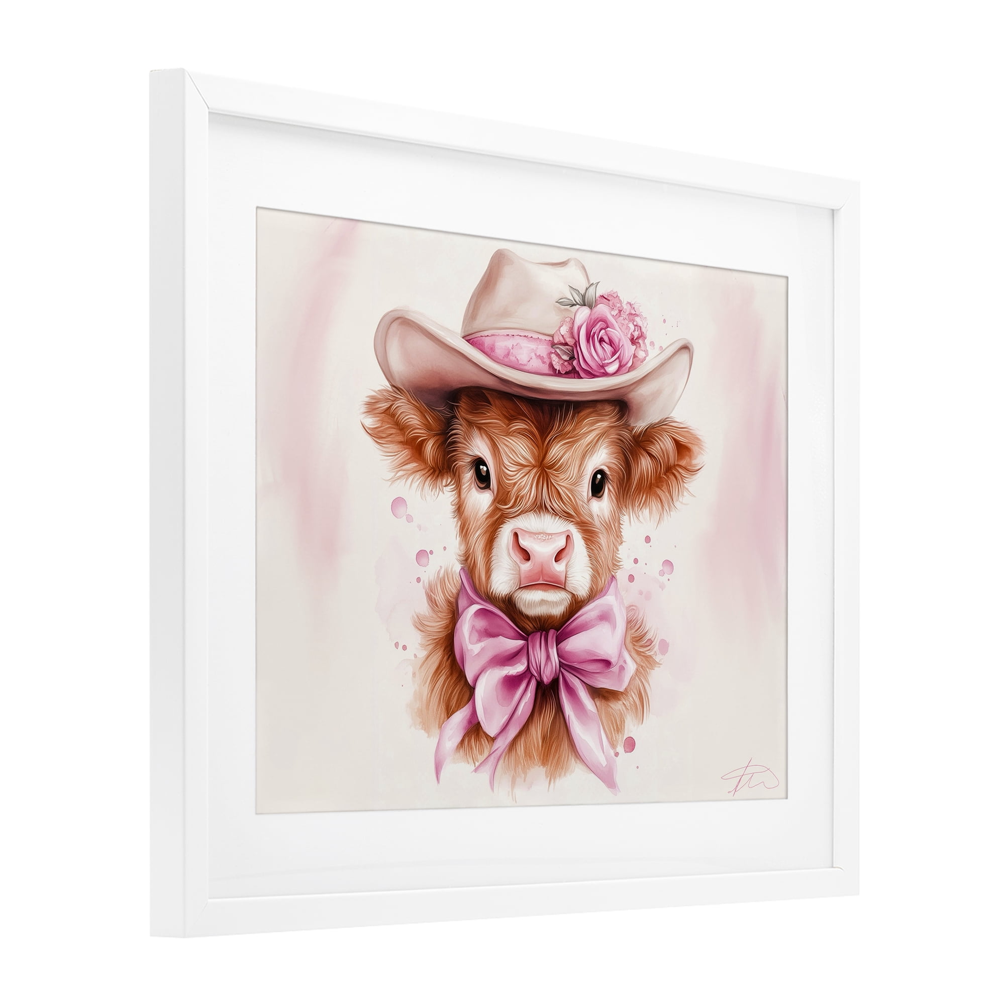 Pretty In Pink Cow White Framed Print Under Glass, design by Shawna Stewart