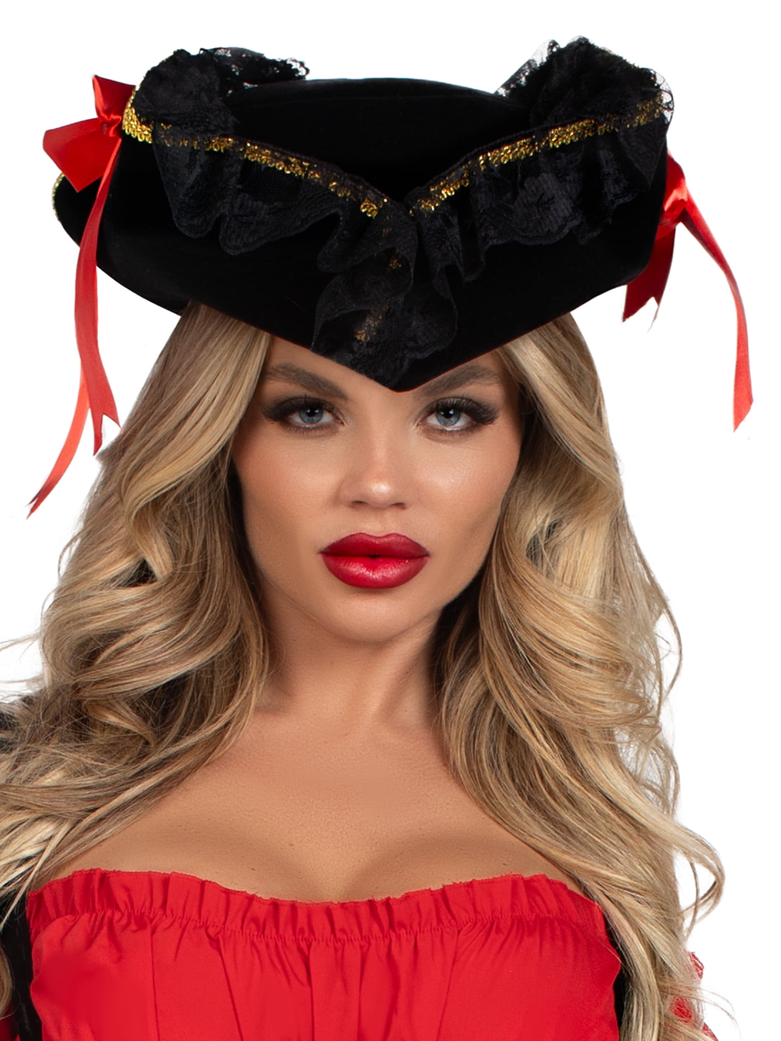 Leg Avenue Pirate Hat with Lace Trim and Bows, O/S, Black/Red