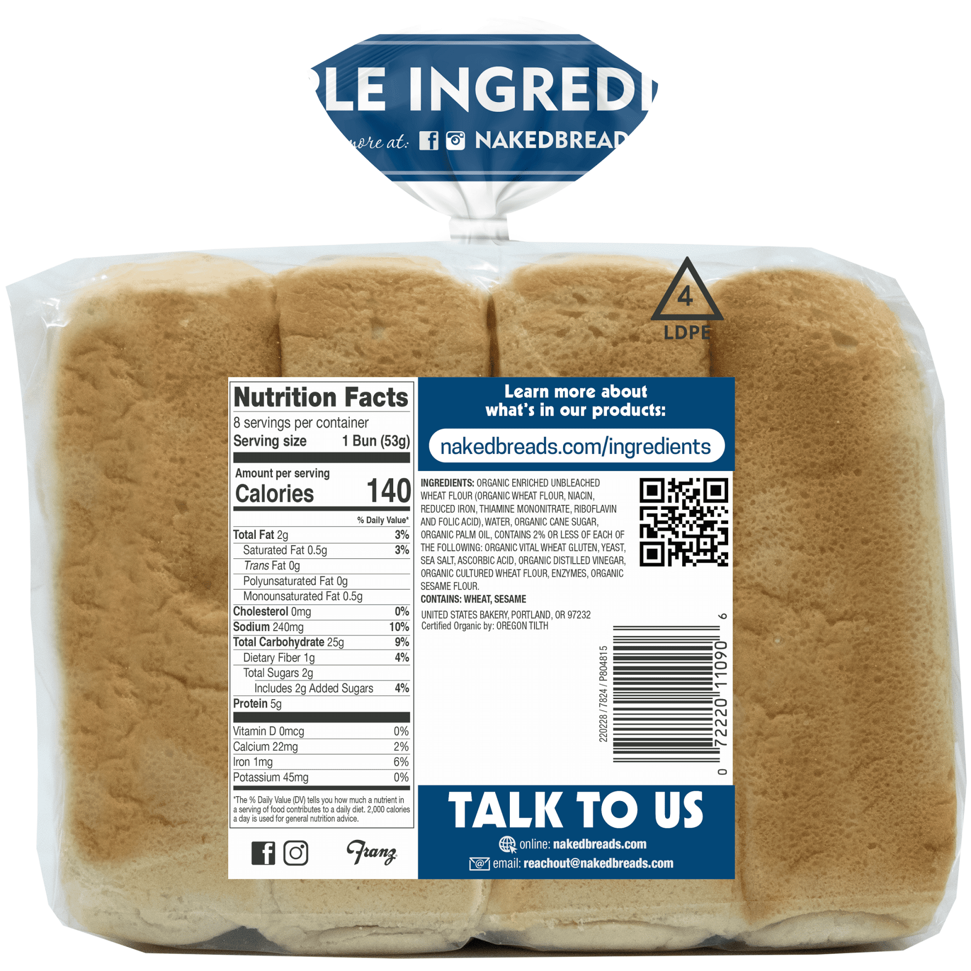 Naked Bread Organic Hot Dog Buns, 15 oz, 8 Count