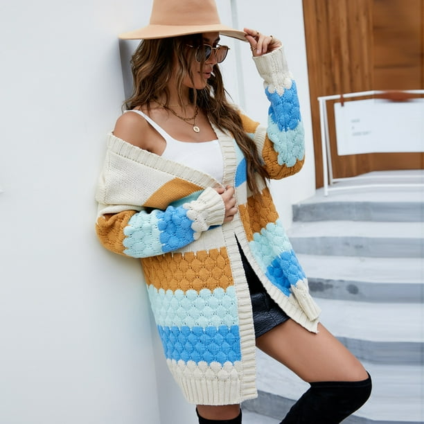 Chaquetas tipo sueter de colores de contraste informales europeas y americanas para mujer 2022 nuevas blusas sueltas de longitud media para otono e invierno con cardigans de punto Bodega Aurrera en li...