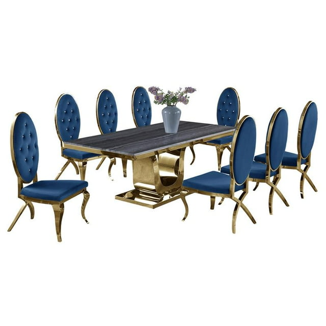 Gray Marble Dining Set with Gold Stainless Steel and Navy Blue Velvet Chairs