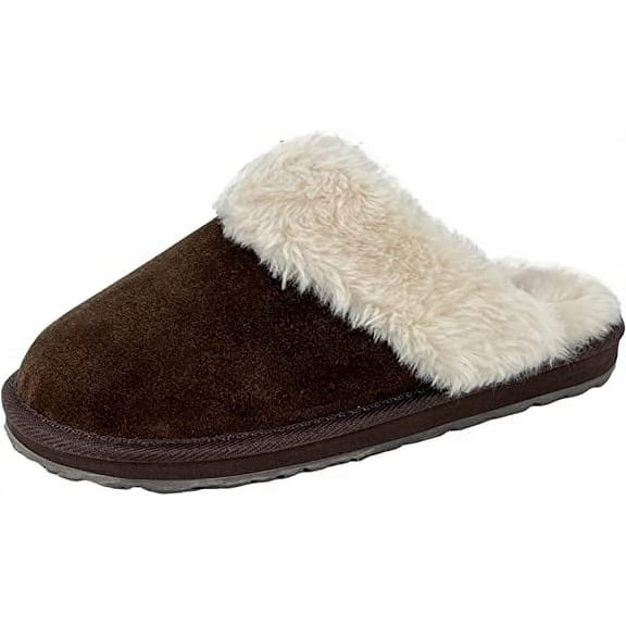 Clarks Womens Open Back Suede Leather Comfort Clog Slipper JMS0583C - Plush Faux Fur Trim - Indoor Outdoor House Slippers For Women (Dark Brown Premium, 6)