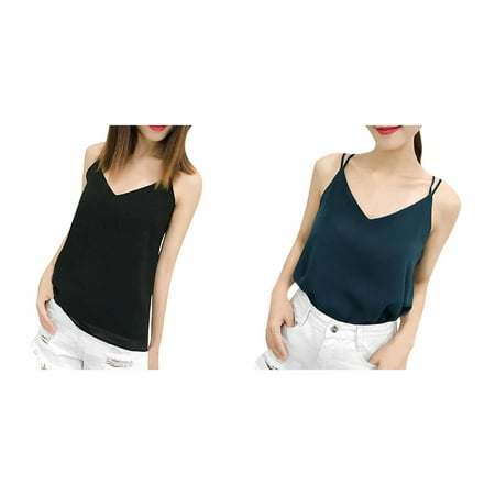 

Betiyuaoe 2PCS Womens Summer Tops Camis Vest Solid Ladies Slim Fashion Women Chiffon Womens Tops V-Neck Casual Sleeveless