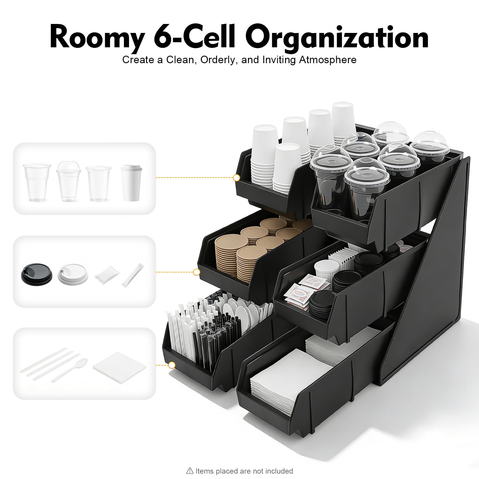 6 Compartment Serve Condiment Bin, 3-Tier Self Serve Condiment Bin Stand, Plastic Containers Storage Bins, Countertop Condiment Organizer for Coffee Shops Restaurants Bars