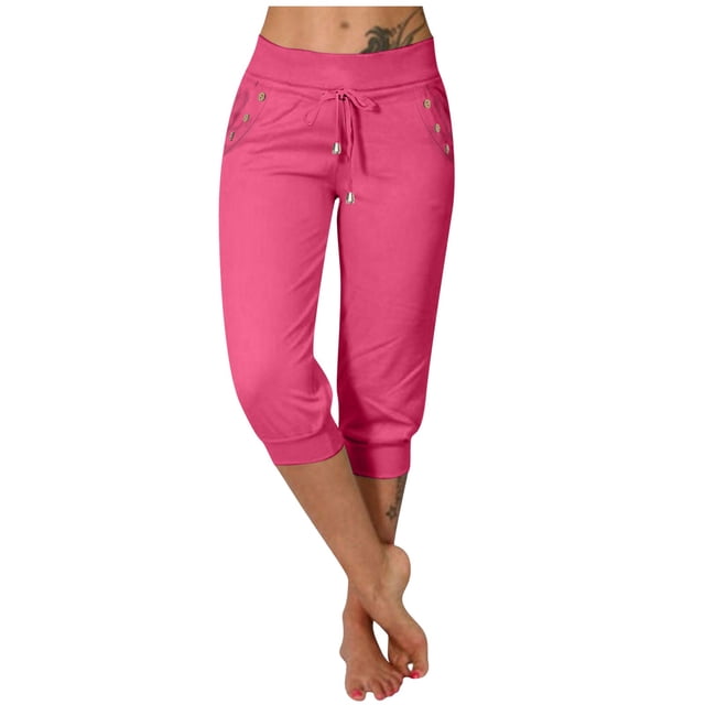 Pantalones deportivos casuales de yoga para mujer: pantalones elásticos de 3/4 con bolsillos, mezcla de algodón, tallas reales, tallas S-XXXL
