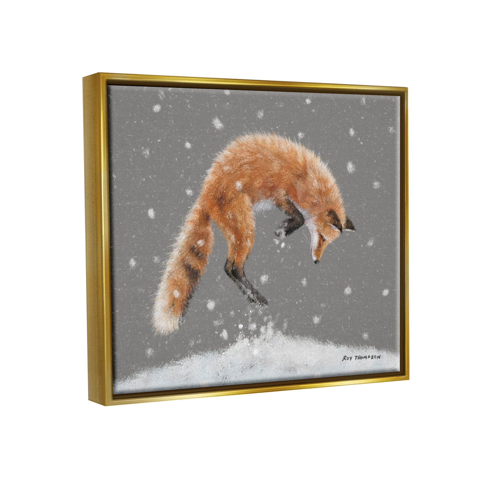 Stupell Industries Jumping Fox Winter Snowfall Holiday Painting Gold Floater Framed Art Print Wall Art