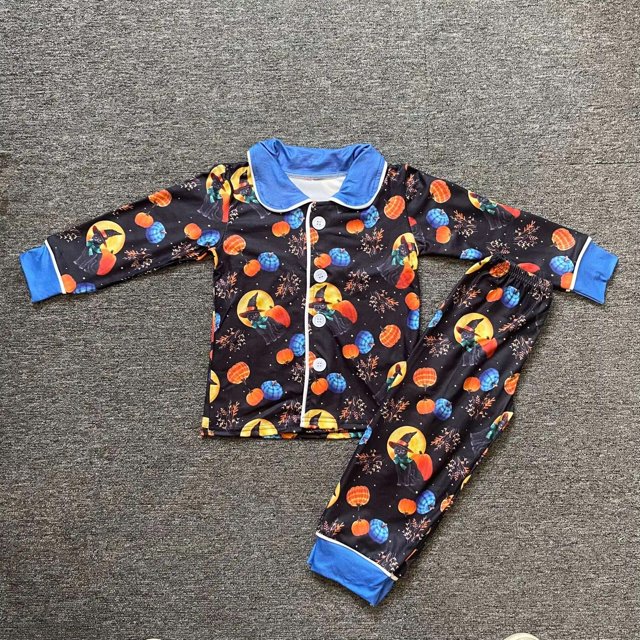 Conjunto de pijama de Halloween para niños y niñas, tela de seda de leche, calabaza amarilla + pantalones de manga larga con diseño de Castillo, conjuntos de pijama para 2 hermanos