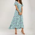 thumbnail image 2 of WTOBBY Women's Summer Casual Short Sleeve Maxi Dresses Cute Floral Chiffon Flowing Wedding Guest Dresses with V-Neck and Waist Tie,Light Blue 2XL, 2 of 3