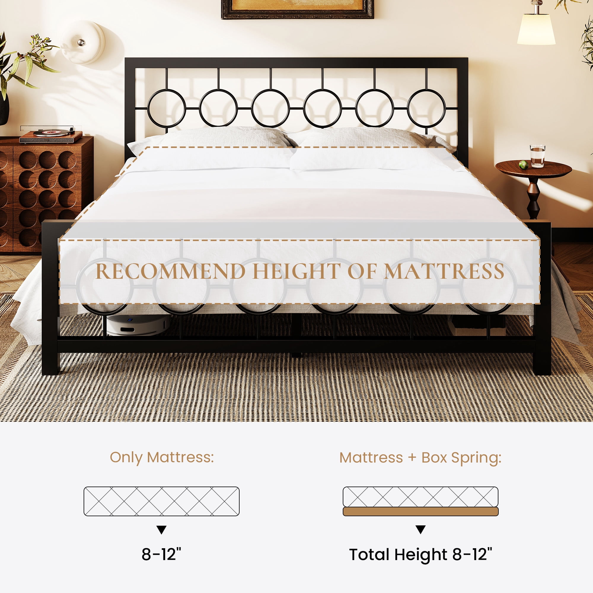 Amolife King Size Bed Frame, Heavy Duty Metal Platform Bed with Vintage Circular Headboard & Footboard, Black