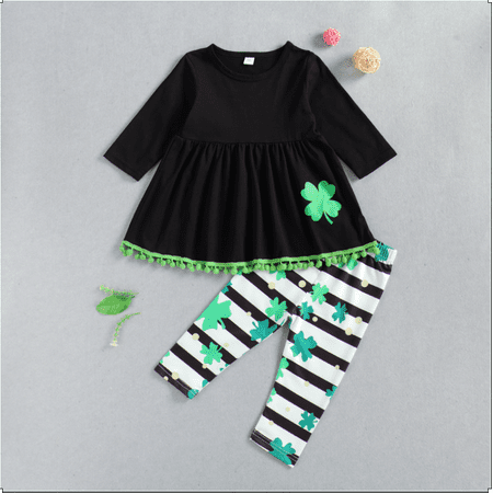 

Little Girl Ruffle Long Sleeve Tops and Stripe Print Long Pants 2-piece Suits