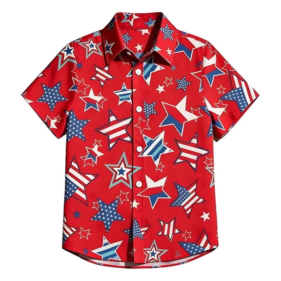 Qicasul Boys Western Print Short Sleeve Shirt Collared Kids Summer Casual Top,Red1,SIZE:120