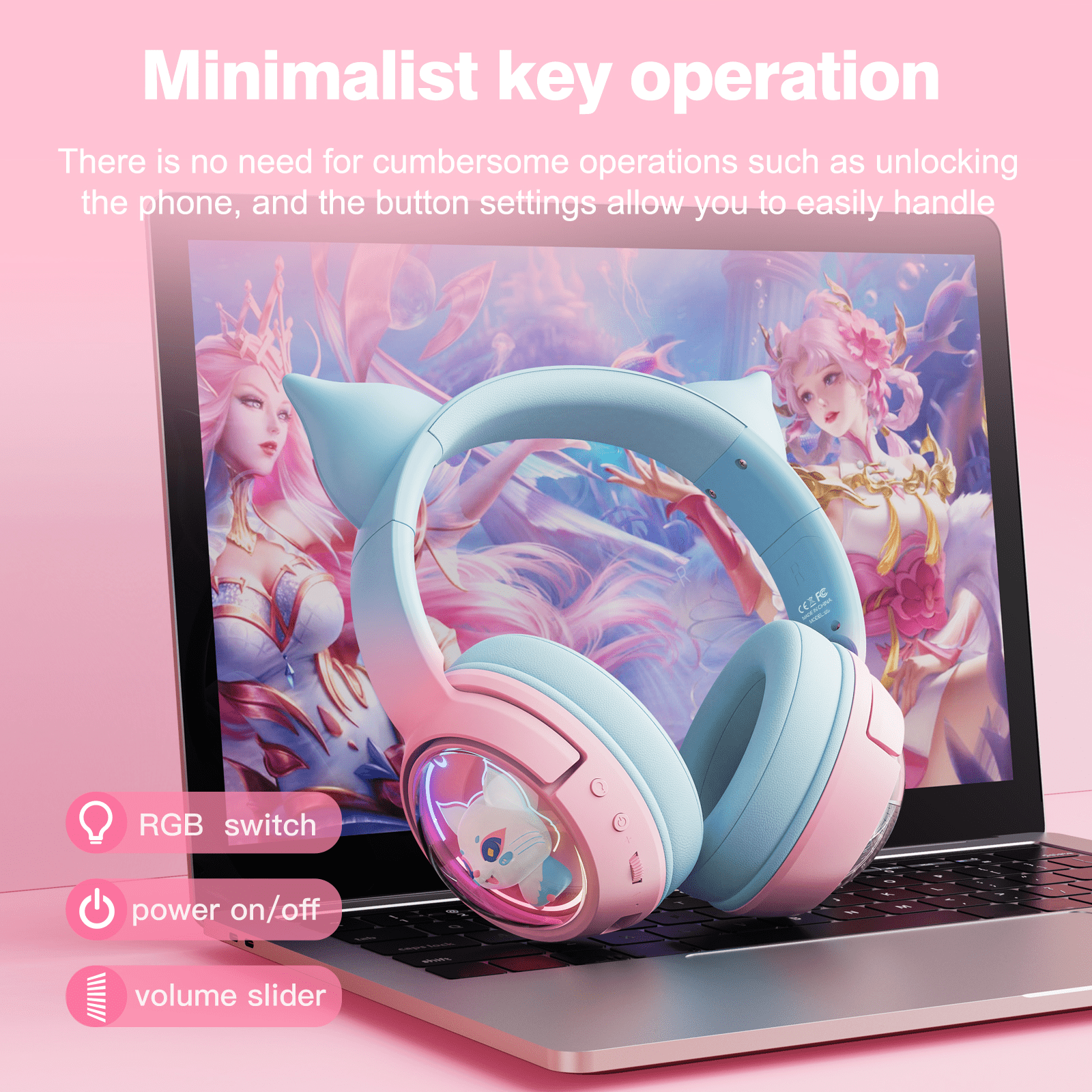 Cat Ear Wireless Bluetooth Headphones for PS5/PS4/PC/Mac/Switch,Over Ear Cute Gaming Headset with Noise Canceling Mic,Surround Sound