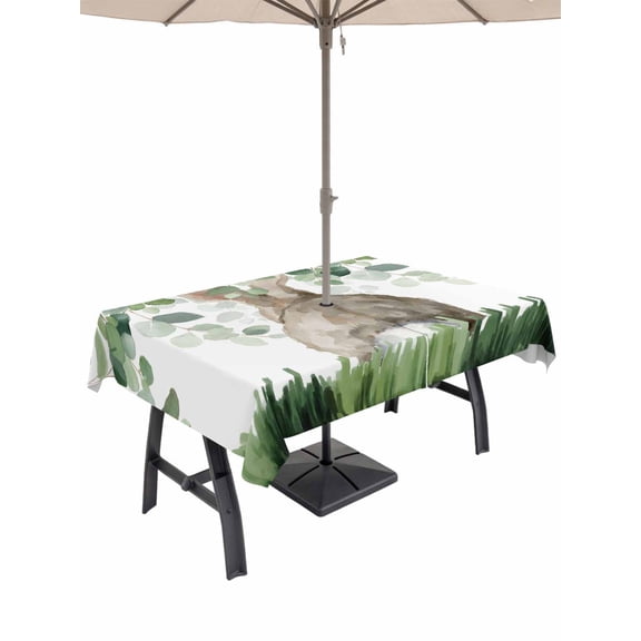Easter Outdoor Tablecloth - 60x102 Inch Rectangle Dining Table Cover, Spring Bunny Botanical Eucalyptus Leaves Plants Waterproof Outdoor Table Cloth with Umbrella Hole & Zipper for Picnic/Patio/Party