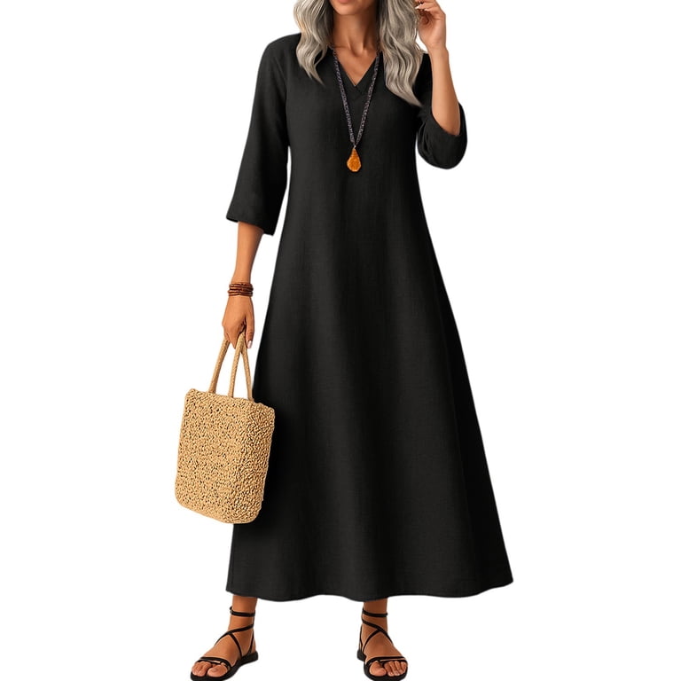 knee length dresses for ladies Black v neck Linen Dress 5207 – Xiaolizi main image 0