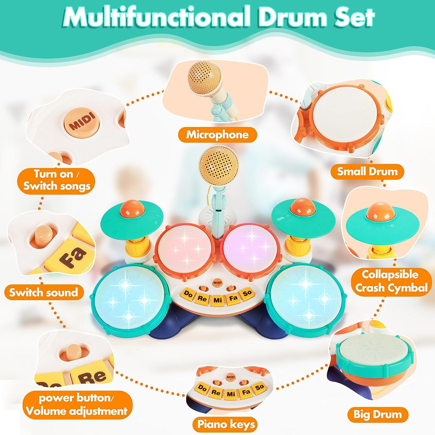 Zendure Drum Set with Microphone for Toddler 1-3 Baby Musical Toys Drum Piano Musical Instrument Learning Toys Gift for Boys Girls Age 2-5