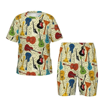 Luyuia Different Kind Of Guitars Print Girls  2-Piece Tie-Dye Pajama Set  Cute Summer Loungewear with Shirt and Tank Shorts Nightwear-Medium