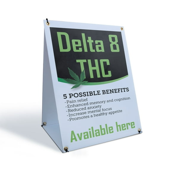 Delta 8 THC Available Here Sidewalk Sign 18 Inch x 24 Inch A-Frame Images On Both Sides | Herbal Wellness, CBD Shops, Customer Ready | Made in USA