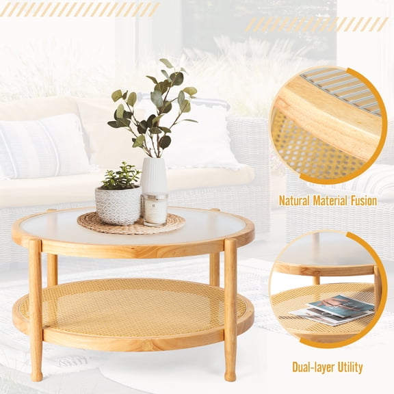 Xilee 32" Rattan Coffee Tables for Living Room, Small Coffee Table for Small Spaces,2-Tier Solid Wood Round Water-Wave Glass Metal Center Table for Living Room and Small Space