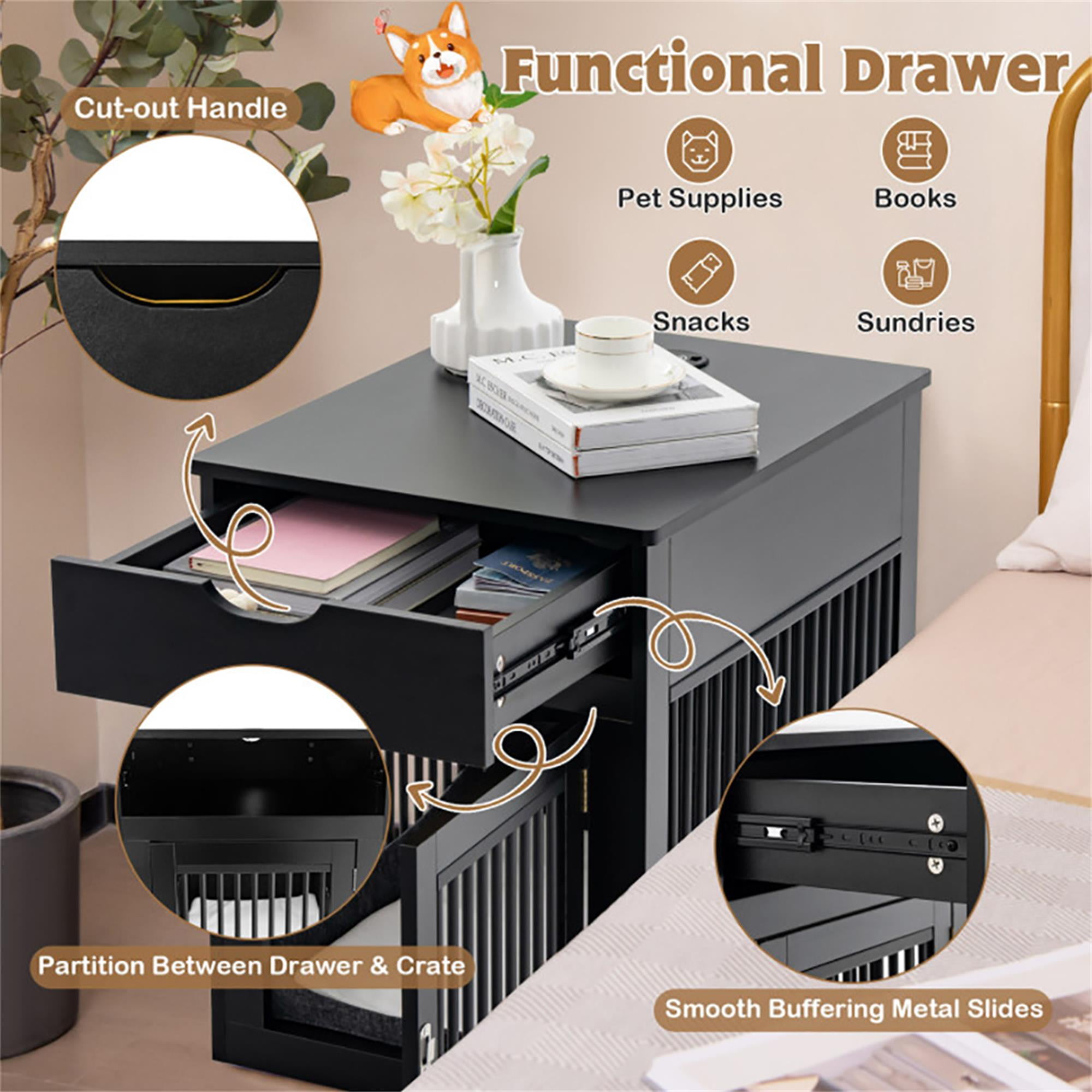 Kadyn 27" 2-In-1 Dog House with Drawer and Wired Wireless Charging, Indoor Dog Crates, Wooden Pet Dog Cages, Black