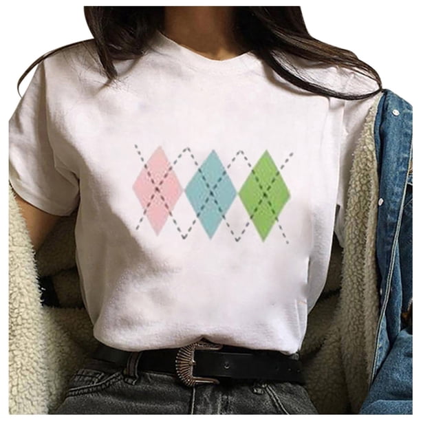 Pntutb Camiseta suelta de cuello redondo para mujer con estampado gráfico geométrico de moda para mujer Pntutb Pntutb-2052