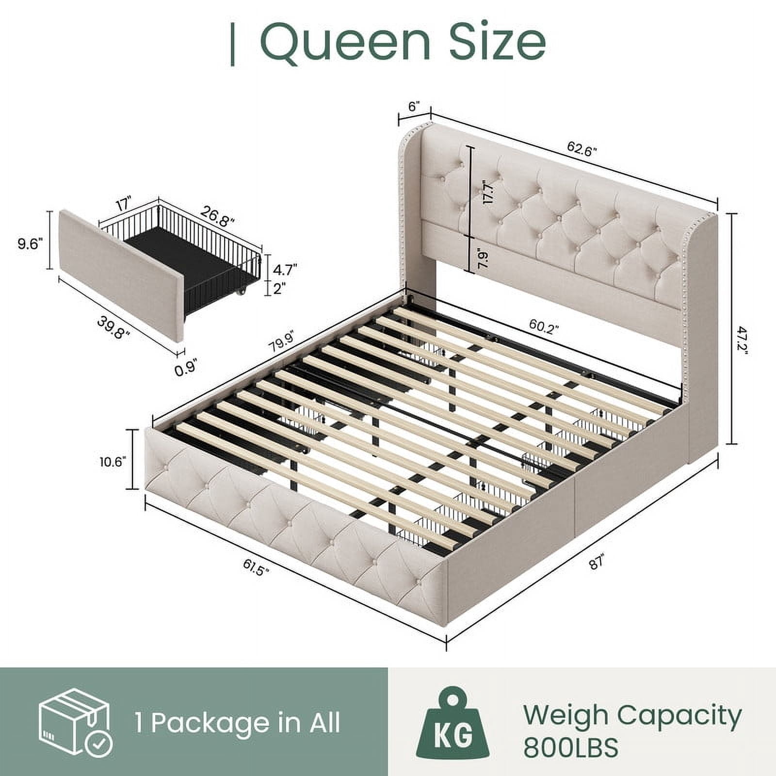 Breltam Queen Size Bed Frame with 4 Storage Drawers, Wingback Tufted Headboard, LED Lights, Beige Velvet Upholstered Platform Bed, No Box Spring Needed