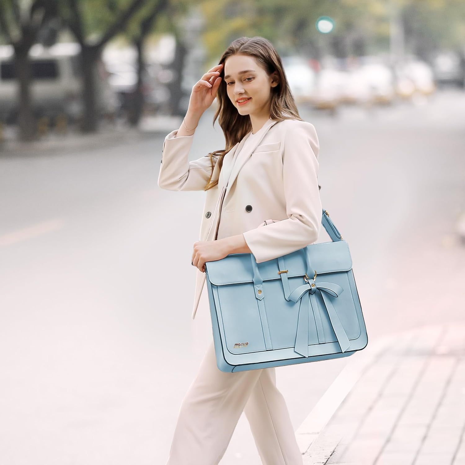 Mosiso Laptop Tote Bag for Women, 13-14 inch PU Leather Shoulder Bag Convertible Backpack, Casual Travel Handbag Office Work Computer Briefcase, Air Blue