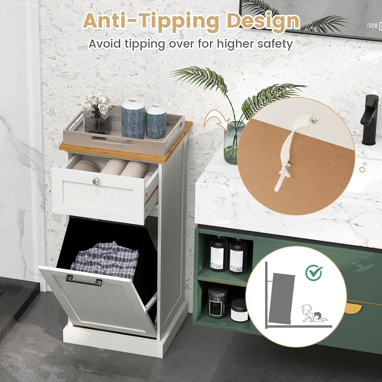 Tilt Out Laundry Cabinet, 10 Gallon Wood Hidden Hamper Cabinet with Removable Basket, Drawer, Bamboo Countertop, Bathroom Storage Cabinet, White