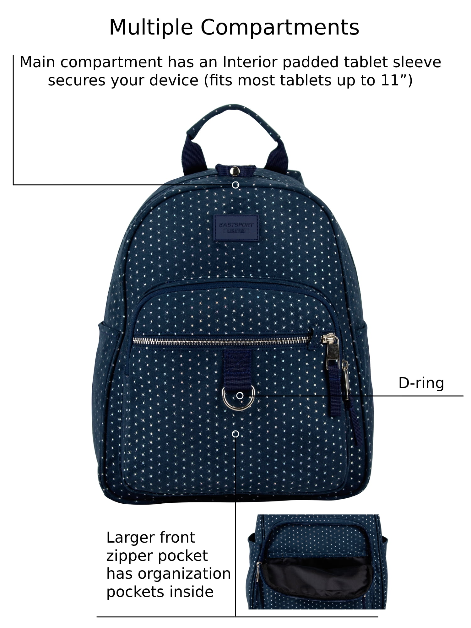 Eastsport Lauren Mini Backpack, Navy Glitter Dots