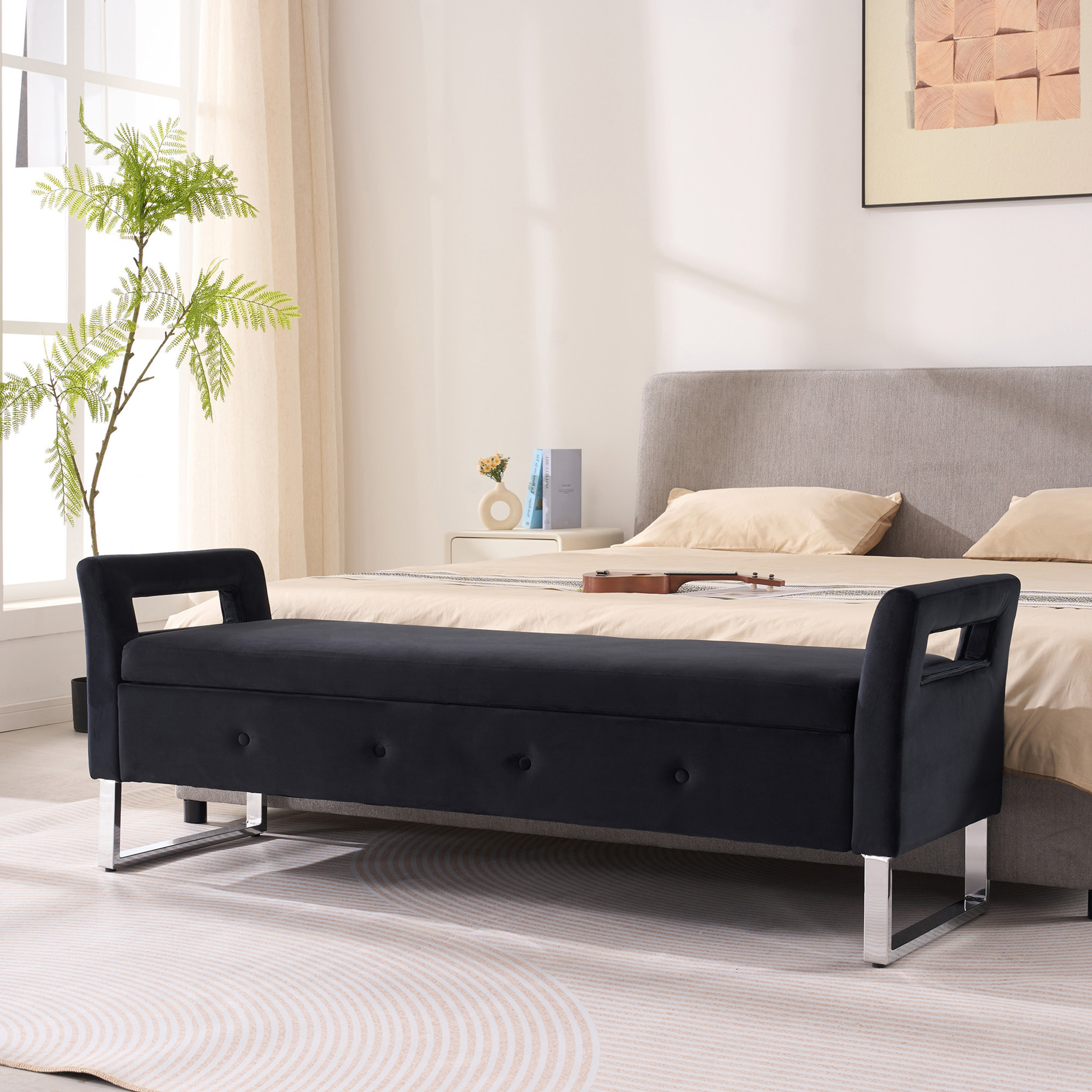 Noble House Solen 68" Velvet Storage Bench, Upholstered Entryway Bed-End Seat with Hidden Compartment, Black