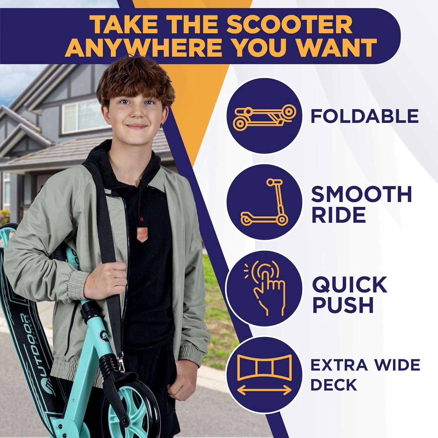 Outdoor Cruiser Kick Scooter for Ages 6+, for Kids, Teens, and Adults, Max Load 250 LBS, Foldable, 8-inch Big Wheels, Dual Suspension, 3 Adjustable Levels, Child Safety Approved, Yellow and Pink