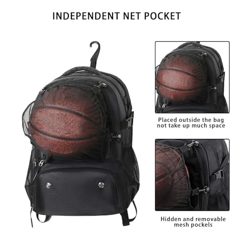 Basketball Backpack, Large Capacity Basketball Bag with Shoe Compartment and Detachable Independent Mesh Bag for Volleyball, Soccer, Breathable Gym Sports Training Equipment Bags f