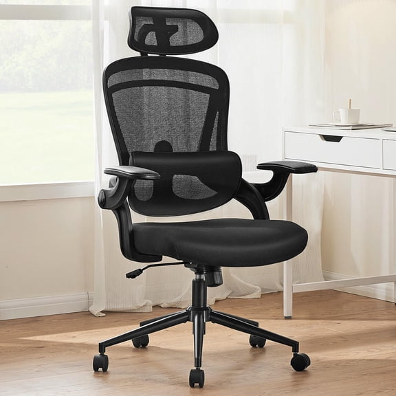 Kadyn Task Chair with Adjustable Lumbar Support & Headrest and Soft Flip Up Arms, Office Chair Desk Chair with Adjustable Height and 120°Tilt for Living Room, Home Office, Black